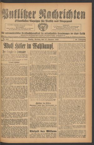 Putlitzer Nachrichten vom 27.10.1933