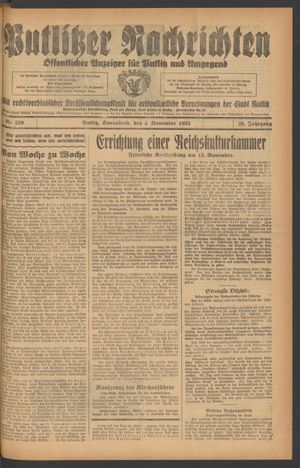 Putlitzer Nachrichten vom 04.11.1933