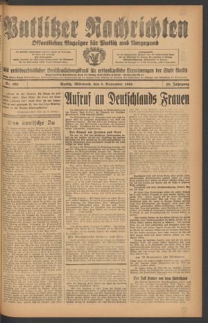 Putlitzer Nachrichten vom 08.11.1933