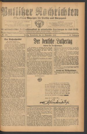 Putlitzer Nachrichten vom 18.11.1933