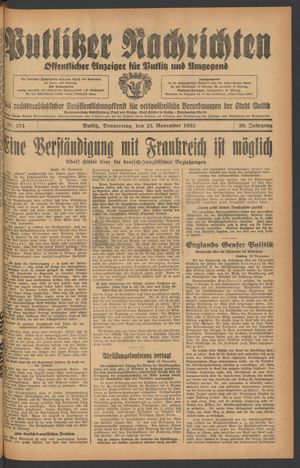 Putlitzer Nachrichten vom 23.11.1933