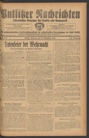 Putlitzer Nachrichten vom 27.11.1933