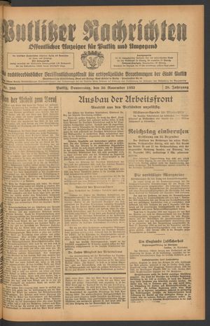 Putlitzer Nachrichten vom 30.11.1933