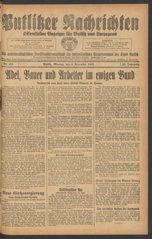 Putlitzer Nachrichten vom 04.12.1933