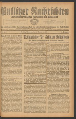Putlitzer Nachrichten vom 06.12.1933