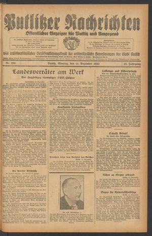 Putlitzer Nachrichten vom 11.12.1933