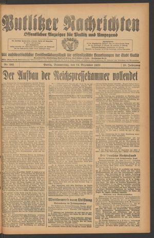 Putlitzer Nachrichten vom 14.12.1933