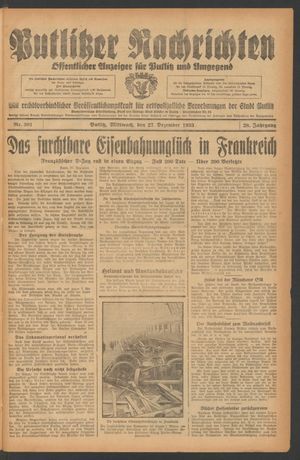 Putlitzer Nachrichten vom 27.12.1933