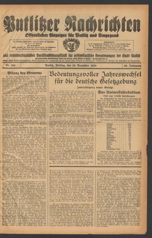 Putlitzer Nachrichten vom 29.12.1933