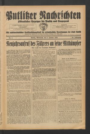 Putlitzer Nachrichten vom 03.01.1934