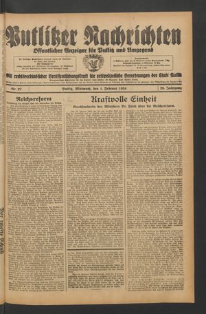 Putlitzer Nachrichten vom 01.02.1934