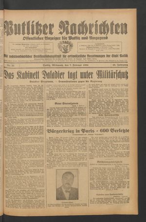 Putlitzer Nachrichten vom 07.02.1934