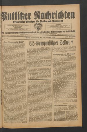 Putlitzer Nachrichten vom 22.02.1934