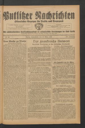 Putlitzer Nachrichten vom 17.03.1934