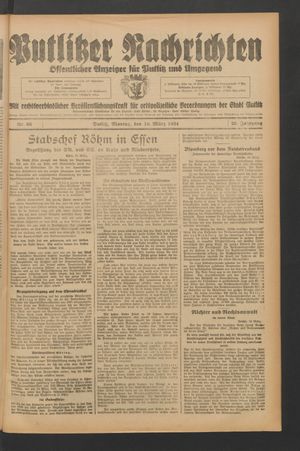 Putlitzer Nachrichten vom 19.03.1934