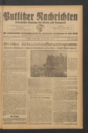 Putlitzer Nachrichten vom 22.03.1934