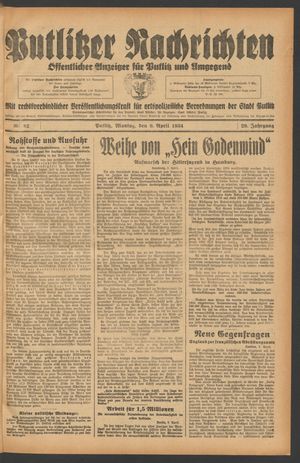 Putlitzer Nachrichten vom 09.04.1934