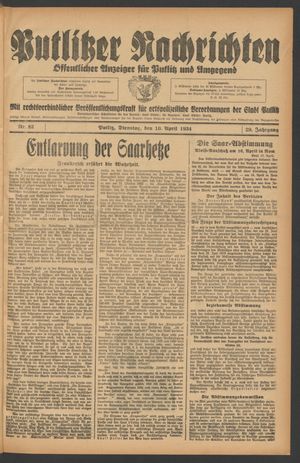 Putlitzer Nachrichten vom 10.04.1934