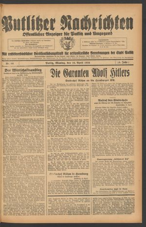 Putlitzer Nachrichten vom 16.04.1934