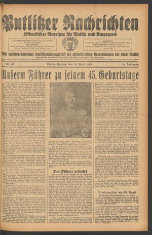 Putlitzer Nachrichten vom 20.04.1934