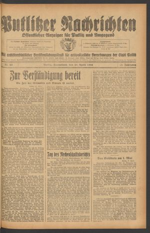 Putlitzer Nachrichten vom 28.04.1934