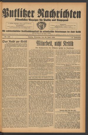 Putlitzer Nachrichten vom 26.06.1934