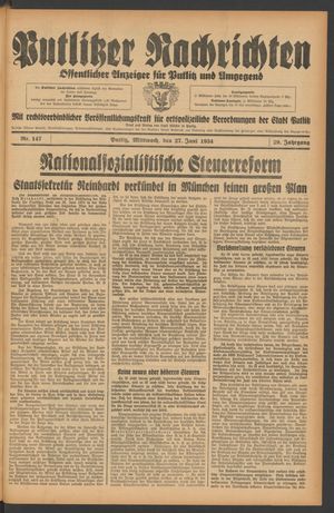 Putlitzer Nachrichten vom 27.06.1934