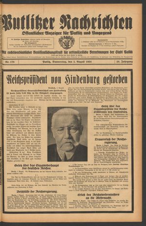 Putlitzer Nachrichten vom 02.08.1934