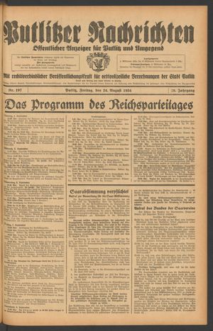 Putlitzer Nachrichten vom 24.08.1934