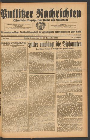 Putlitzer Nachrichten vom 13.09.1934