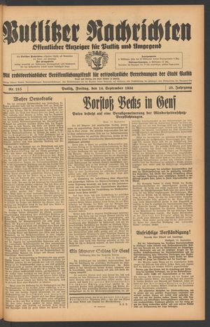 Putlitzer Nachrichten vom 14.09.1934