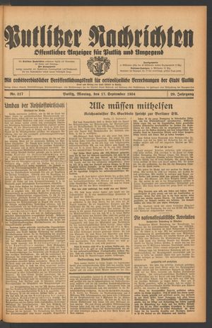 Putlitzer Nachrichten on Sep 17, 1934