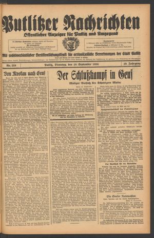 Putlitzer Nachrichten vom 18.09.1934