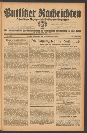 Putlitzer Nachrichten vom 26.09.1934
