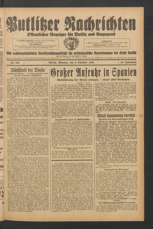 Putlitzer Nachrichten vom 08.10.1934