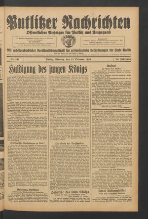 Putlitzer Nachrichten vom 15.10.1934