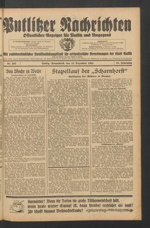 Putlitzer Nachrichten vom 15.12.1934