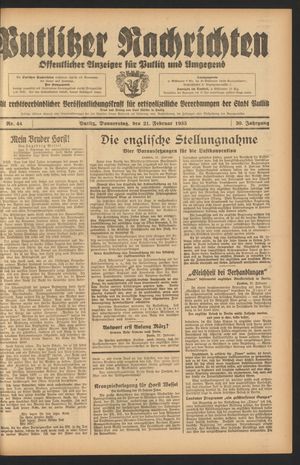 Putlitzer Nachrichten vom 21.02.1935