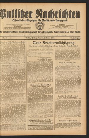 Putlitzer Nachrichten vom 22.02.1935