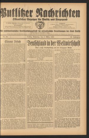 Putlitzer Nachrichten vom 05.03.1935