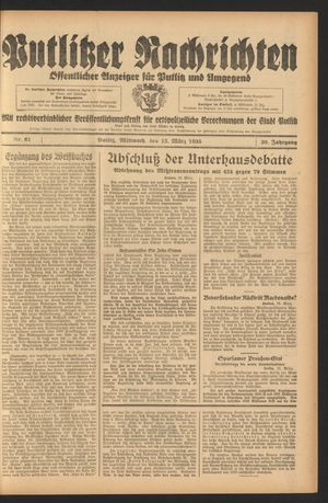 Putlitzer Nachrichten vom 13.03.1935