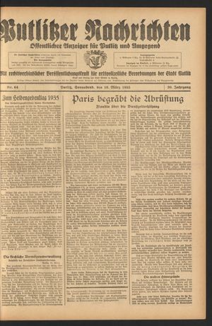 Putlitzer Nachrichten vom 16.03.1935