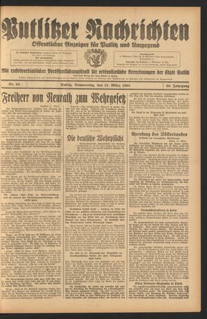 Putlitzer Nachrichten vom 21.03.1935