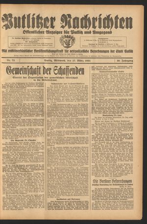 Putlitzer Nachrichten vom 27.03.1935