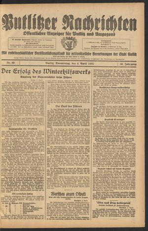 Putlitzer Nachrichten vom 04.04.1935