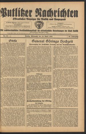 Putlitzer Nachrichten vom 10.04.1935