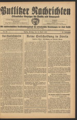 Putlitzer Nachrichten vom 12.04.1935