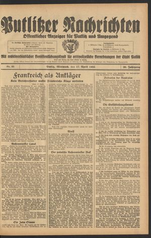 Putlitzer Nachrichten vom 17.04.1935