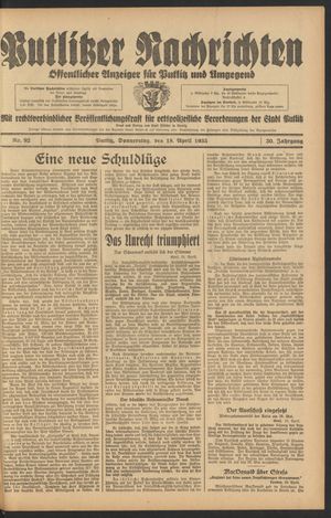 Putlitzer Nachrichten vom 18.04.1935