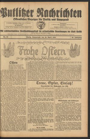 Putlitzer Nachrichten vom 20.04.1935